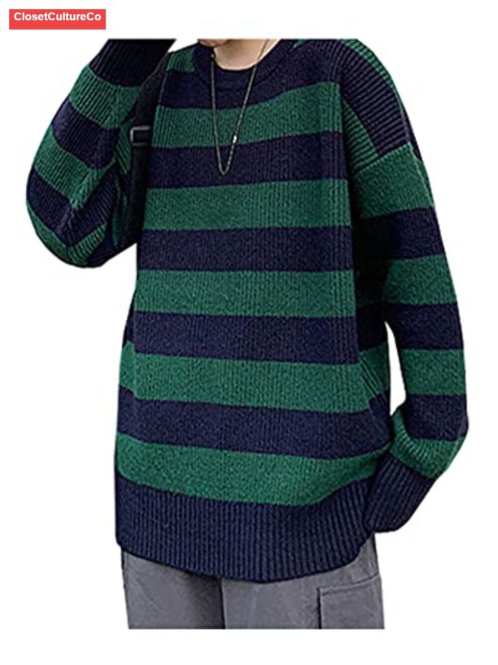 Striped Crew Neck Oversized Knit Pullover Sweater Long Sleeve Cotton Blend